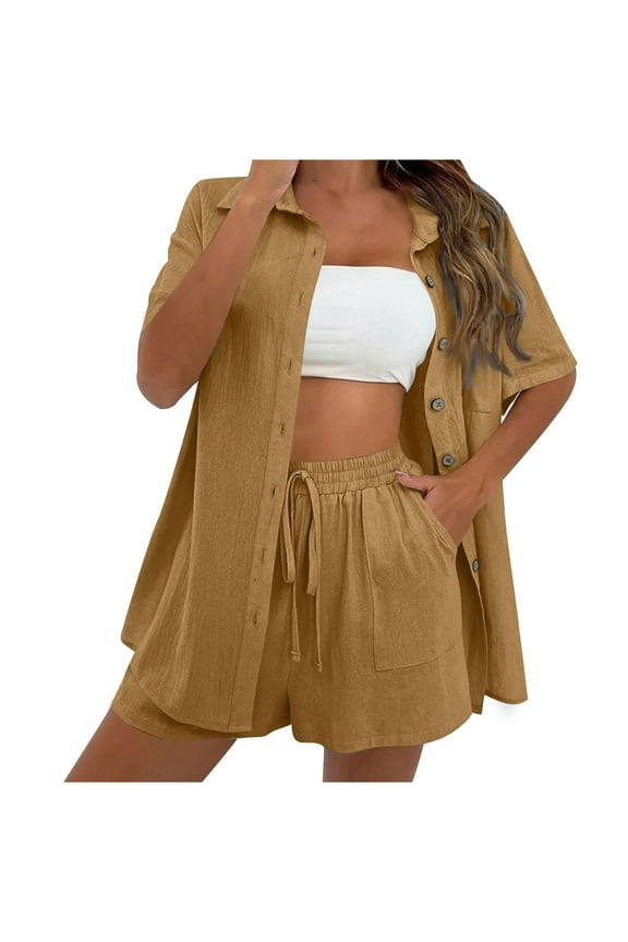 Htigea Linen Short Sets for Women Short Sleeve Top Shorts 2 Piece Summer Beach Vacation Outfits Lounge Tracksuits Brown,S