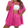 thumbnail image 1 of Htigea Linen Short Sets for Women Short Sleeve Top Shorts 2 Piece Summer Beach Vacation Outfits Lounge Tracksuits Hot Pink,XXL, 1 of 7
