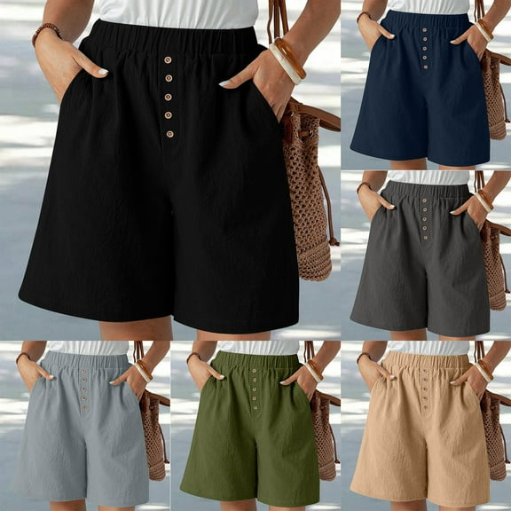 Htigea Clearance Linen Shorts for Women High Waisted Buttoned Elastic Waist Casual Summer Beach Lounge Comfy Shorts with Pockets Today Sales Green,L