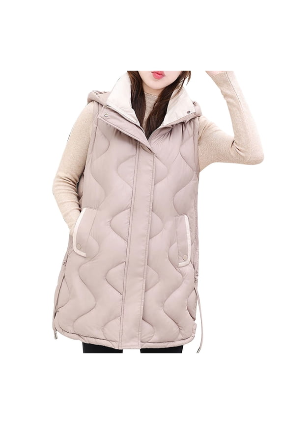 Long Outerwear for Women Unisex Casual Solid Vest Zipper Pocket Loose Sleeveless Jacket Hooded Coat Double Vest Puffer Vest Women Linen Today Sales Khaki,M