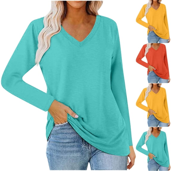 Htigea Long Sleeve Shirts for Women Tops V Neck Casual Top Comfortable Shirt Soft Basic Tees Women Blouses Blue 4XL