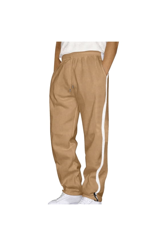 Htigea Men Joggers Cargo Sweatpants Side Striped Pocket Sports Pants Elastic Waist Drawstring Trousers Loose Fit Straight Leg Color Block Tracksuit Bottoms Khaki,S