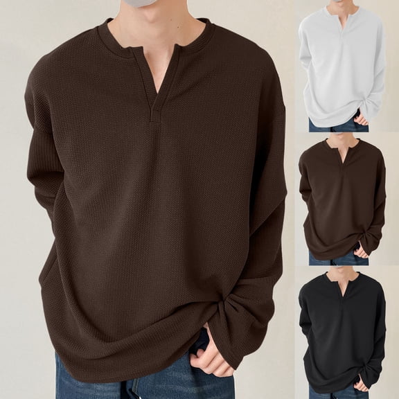 Htigea Men's V Neck Long Sleeve Shirts Casual Henley Cotton T-Shirts Slim Fit Longline Tee Shirts Sale White,L