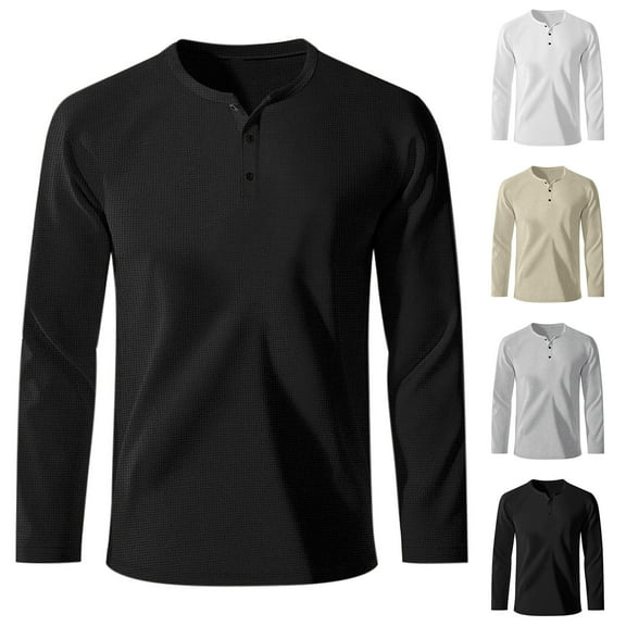 Htigea Men's Waffle Henley Shirts Crewneck Long Sleeve Button Casual T-Shirt Texture Black,M