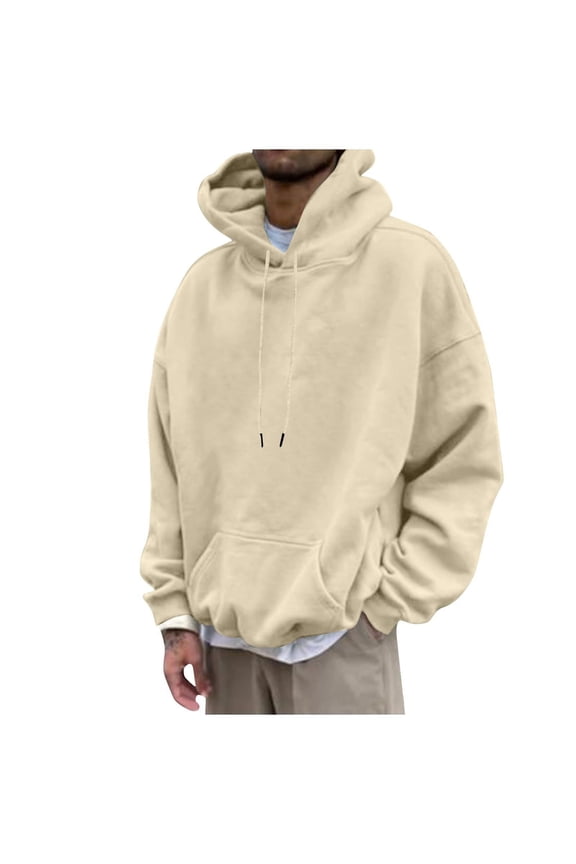 Mens 2024 Casual Hooded Collar Drawstring Hoodies Pullover Sweatshirts Casual Long Sleeve Shirts Beige,L
