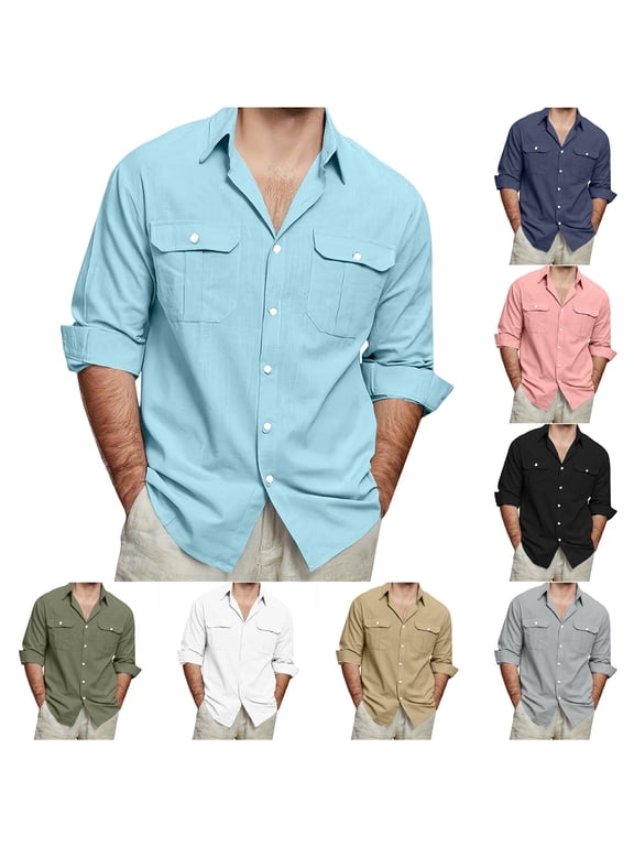Htigea Mens Button Up Shirts Long Sleeve Linen Beach Casual Cotton Summer Lightweight Tops Sale Army Green,L