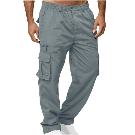 Htigea Mens Cargo Pants Solid Casual Multiple Pockets Outdoor Straight Type Fitness Pants Work Pants Trousers Today Sales Gray,XL