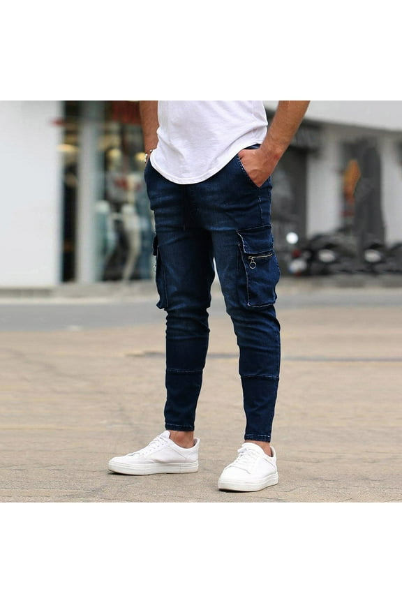 Mens Distressed Jeans Streetwear Summer Casual Long Pants with Pocket S-3XL