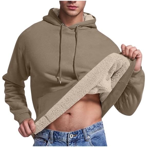 Htigea Mens Hoodie Heavy Sherpa Fleece Lined Pullover Thick Winter Hooded Sweatshirt Khaki,L