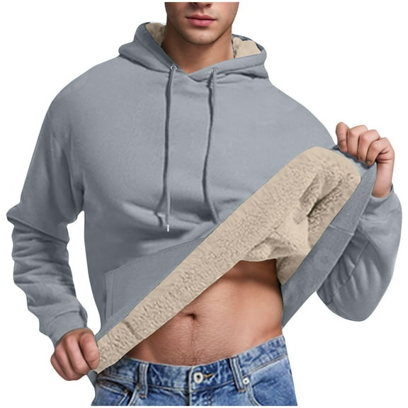Htigea Mens Hoodie Heavy Sherpa Fleece Lined Pullover Thick Winter Hooded Sweatshirt Today Sales Gray,M