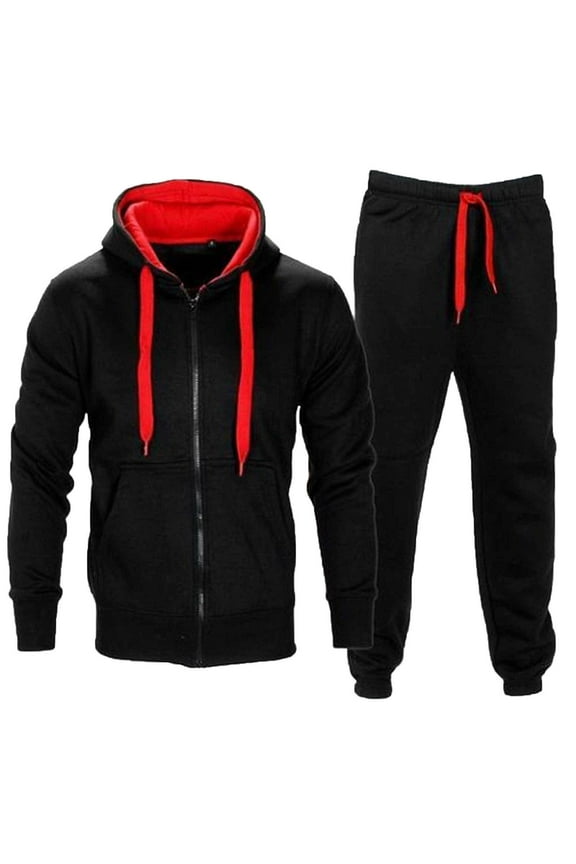 Mens Tracksuit Long Sleeve Full Zip Hoodie Jacket Jogger Sweatpants Casual Velvet Sweatsuits Set Black,XXL