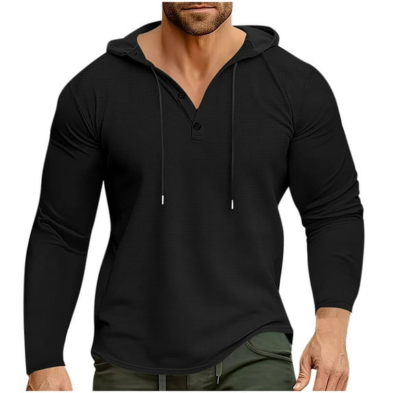 Htigea Mens Waffle Hoodies Long Sleeve Drawstring Lightweight Hooded Henley Shirts Hoodies Pullover Sweatshirt Black,XXL