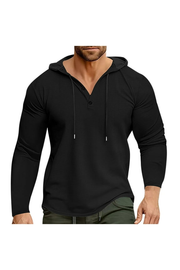 Mens Waffle Hoodies Long Sleeve Drawstring Lightweight Hooded Henley Shirts Hoodies Pullover Sweatshirt Black,XXL