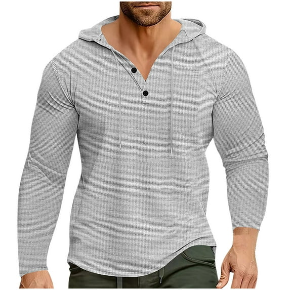 Htigea Mens Waffle Hoodies Long Sleeve Drawstring Lightweight Hooded Henley Shirts Hoodies Pullover Sweatshirt Gray,L