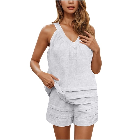 Htigea Pajama Sets for Women 2 Piece Summer Lounge Wear Short Sleeve Casual V Neck Pjs And Shorts Set with Pockets White,M