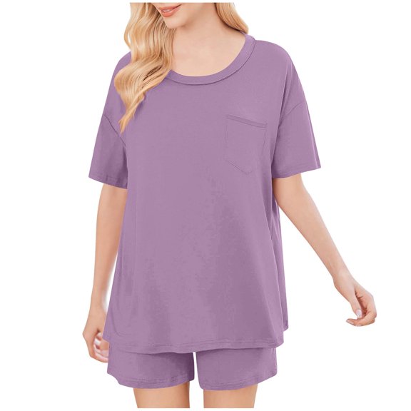 Htigea Pajamas Sets for Women Ribbed Knit Sleepwear Set Soft Short Sleeve Pjs with Pockets Casual Lounge Sets with Pockets Purple S