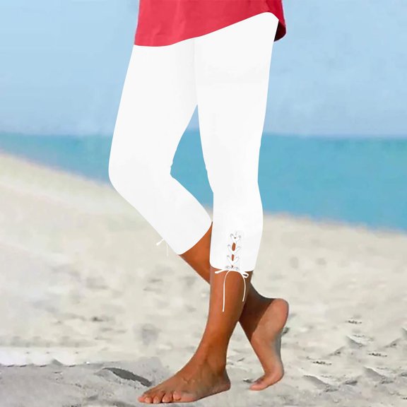 Htigea Clearance Pants for Women Clearance under $5,Women's Summer High Waisted Solid Color Capris Matching Slim Fitting Yoga Gym Pants Clearance Sale White L