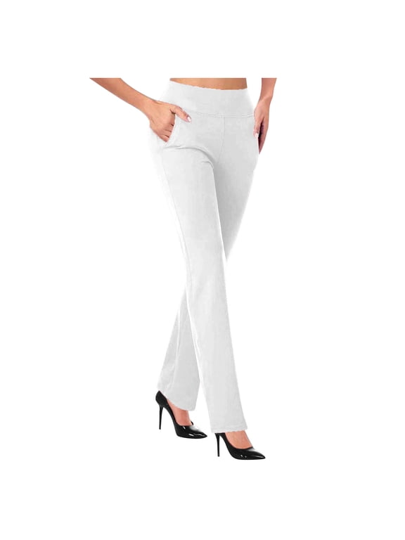 Htigea Pants for Women Petite Dressy Casual Fashion Temperament Solid Color Knitted Micro Pull Slim Flare Trousers Work Business Pants White,M