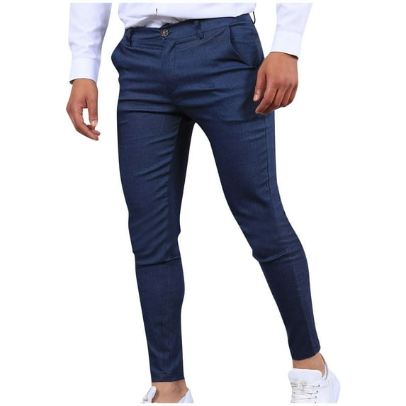Htigea Pants for Men 2024 Casual Button Open Slim Straight Solid Color Trousers Light Blue,S