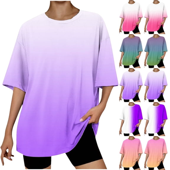 Htigea Pitauce T Shirts for Women Fashion Casual Solid Color Crewneck Short Sleeve Shirt Loose Fit Tunic Blouses Summer Basic Top Purple,S