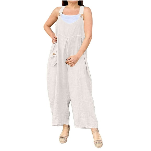 Htigea Clearance Plus Size Jumpsuits for Women Adjustable Casual Summer Wide Leg Rompers Loose Fit Overalls Jumpersuit with Pockets Beige,S