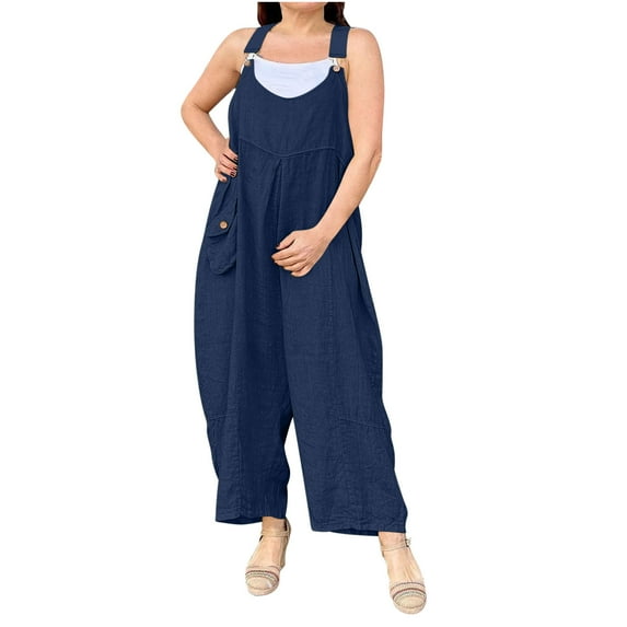 Htigea Clearance Plus Size Jumpsuits for Women Adjustable Casual Summer Wide Leg Rompers Loose Fit Overalls Jumpersuit with Pockets Today Sales Navy,L