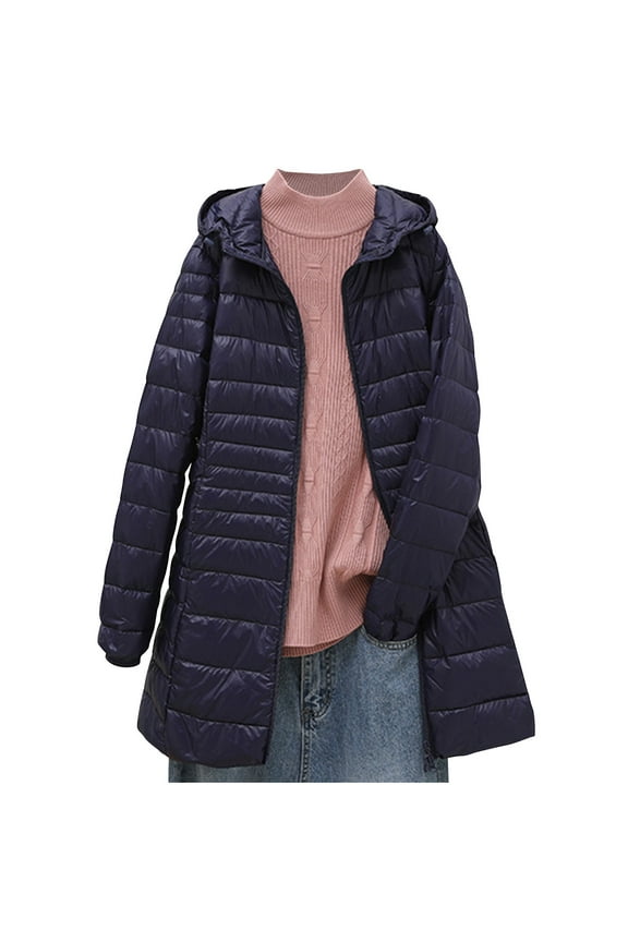 Plus Size Women Puffer Jacket Hooded Warm Lightweight Packable Quilted Puffer Coat Outwear Fall Winter Down Navy,S