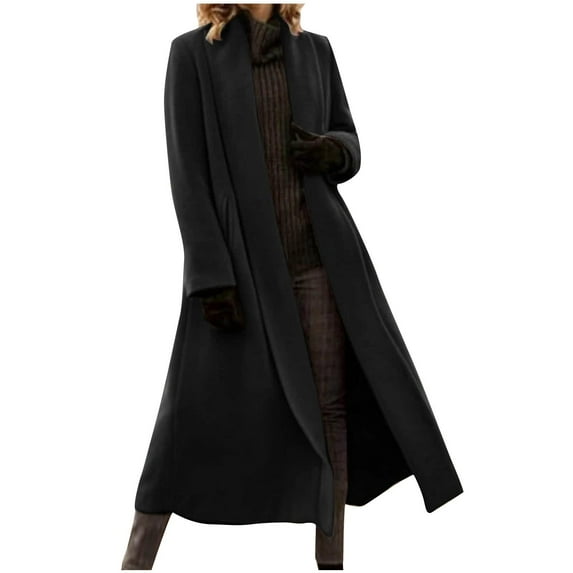 Htigea Clearance Plus Size Women's Long Wool Blend Pea Coat Winter Casual Overcoat Notched Lapel Collar Trench Coat Belted Long Jacket Outerwear Black,M