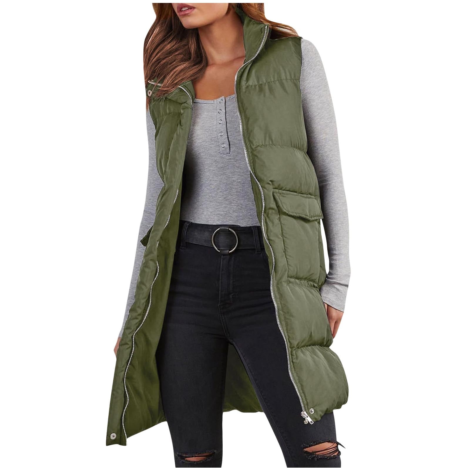 Hooded Plain Zip-Up Padded Long Vest main image 1