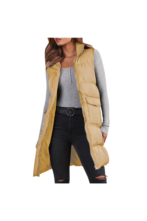 Htigea Puffer Vest for Women Long Down Hooded Vest Womens Sleeveless Zip Up Jacket Winter Thick Coats Padded Parkas Coats with Pockets Khaki,S