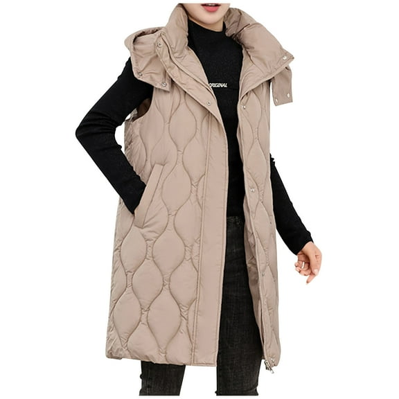 Htigea Clearance Puffer Vest for Women Sleeveless Quilted Hooded Winter Coats Zip Long Puffer Jacket Warm Outerwear with Pockets Today Sales Khaki,XXXL