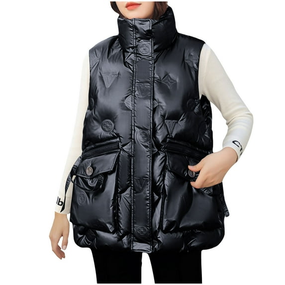 Htigea Clearance Puffer Vest Women Sleeveless Winter Outerwear Warm Puffer Lightweight Fashion Stand-Up Collar Puffer Vest Clearance Sale Black,L