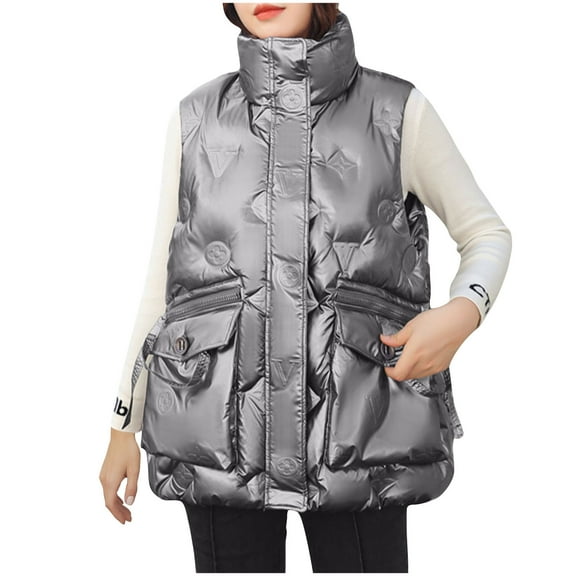 Htigea Clearance Puffer Vest Women Sleeveless Winter Outerwear Warm Puffer Lightweight Fashion Stand-Up Collar Puffer Vest Today Sales Silver,M