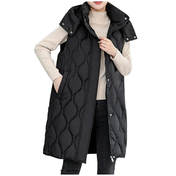 Htigea Puffer Vest for Women Sleeveless Quilted Hooded Winter Coats Zip Long Puffer Jacket Warm Outerwear with Pockets Black,L