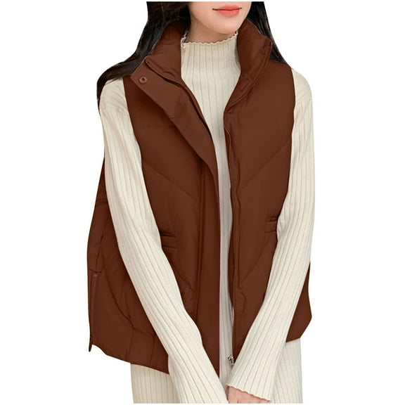 Htigea Clearance Puffer Vest for Women Winter Outwear Jacket Cropped Sleeveless Lightweight Fashion Fall Coat with Pockets Today Sales Coffee,XXL