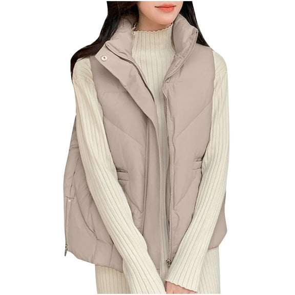 Htigea Clearance Puffer Vest for Women Winter Outwear Jacket Cropped Sleeveless Lightweight Fashion Fall Coat with Pockets Today Sales Khaki,XXL