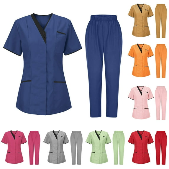 Htigea Clearance Scrubs Set for Women Nurse Uniform Jogger Suit Stretch Top Pants with Multi Pocket for Nurse Workwear Today Sales Navy M