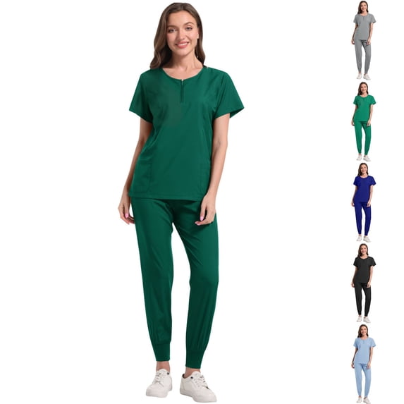 Htigea Clearance Scrubs Set for Women Nurse Uniform V-Neck Top and Drawstring Jogger Pants with Multi Pocket Nurse Workwear Black,L