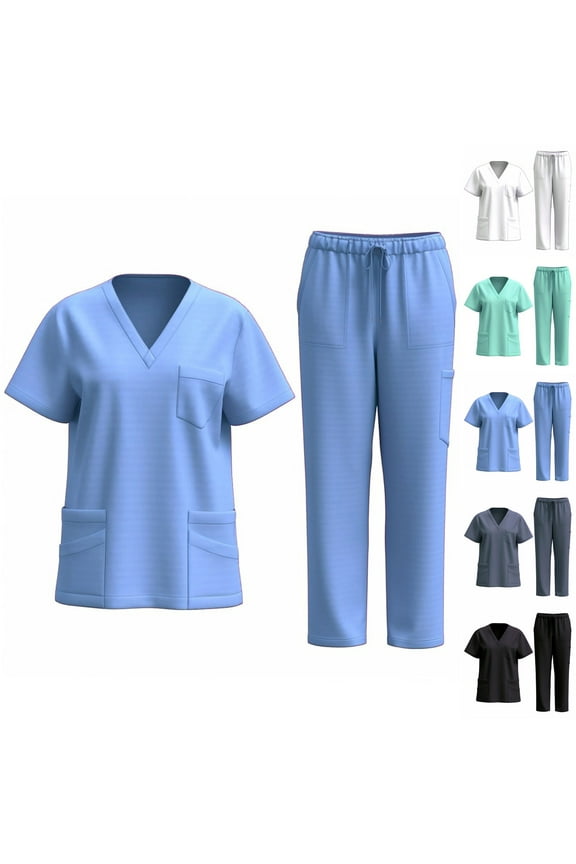 Htigea Scrubs for Women Set V-Neck Pocket Top Drawstring Jogger Scrub Pants Stretch Nursing Scrubs Set Uniform Black,M
