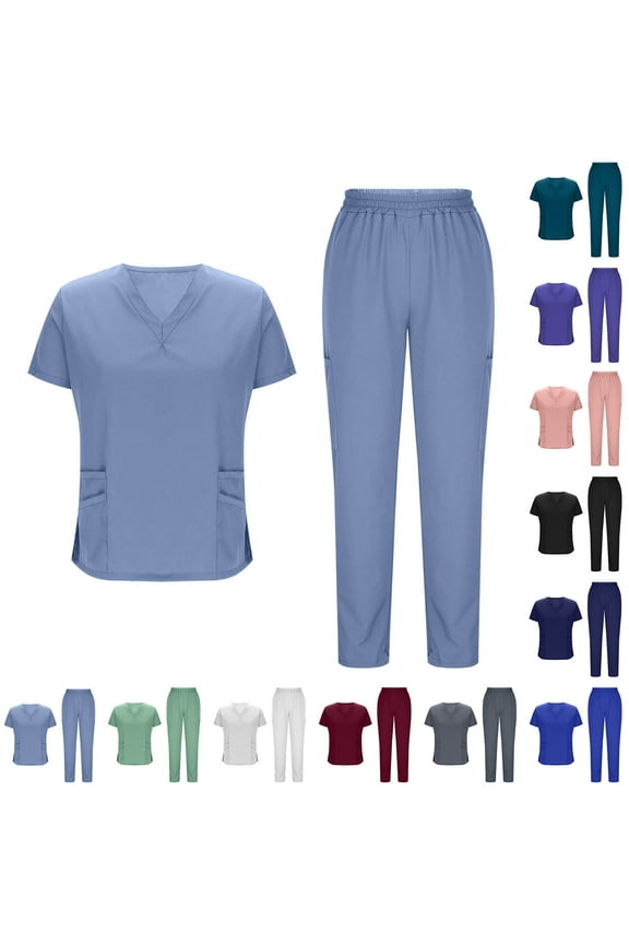 Htigea Scrubs for Women Set V-Neck Pocket Top & Drawstring Jogger Scrub Pants Stretch Nursing Scrubs Set Uniform Light Blue,S