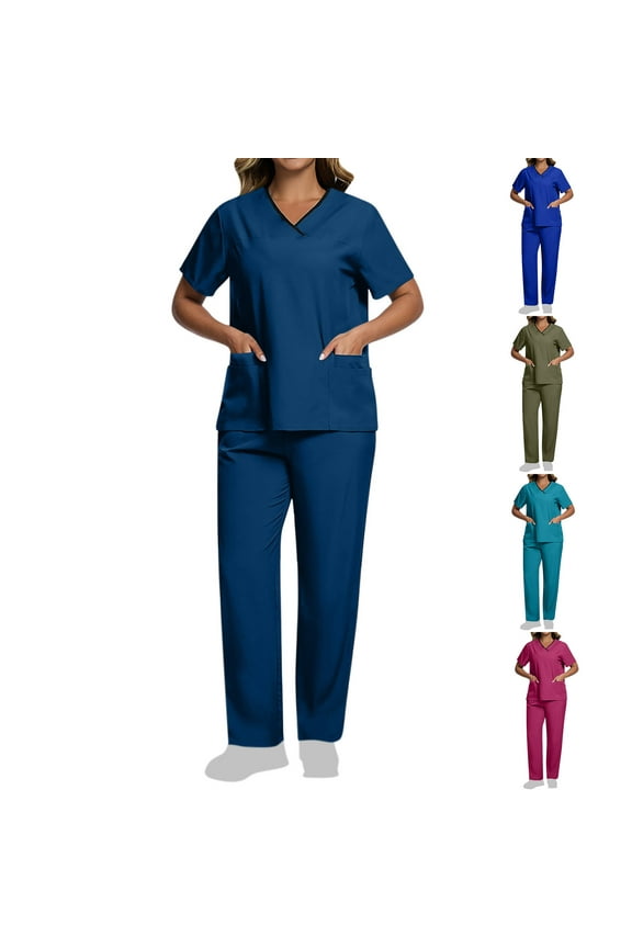 e Scrubs for Women Set V-Neck Pocket Top Drawstring Jogger Scrub Pants Stretch Nursing Scrubs Set Uniform Today Sales Army Green,L