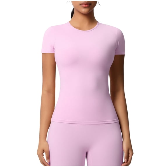 Htigea Clearance Seamless Short Sleeve Shirts for Women Breathable Running Workout Tops Athletic Gym Yoga Basic T-Shirts Today Sales Pink,M
