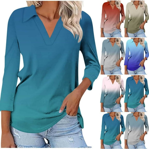Htigea Shirts for Women 3/4 Sleeve Summer Tops Lapel Solid Color Business Casual Collared Shirts Dressy Blouses Blue,XL