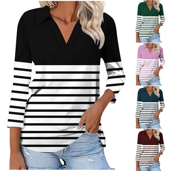 Htigea Shirts for Women 3/4 Sleeve Summer Tops Lapel Solid Color Business Casual Collared Shirts Dressy Blouses Navy,S