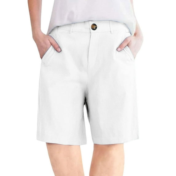 Htigea Shorts for Women High Waisted Dressy Casual Stretch Twill Elastic Wasit Pleated Summer Shorts with Pocket White,L