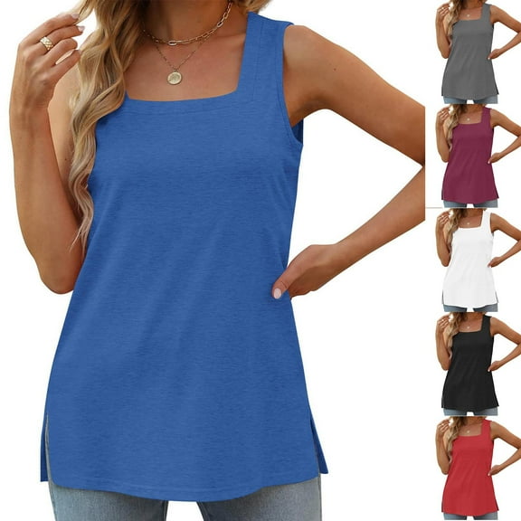 Htigea Square Collar Casual Tank Summer Casual Fashion Camping Seaside Party Sleeveless Tank Women's Mother Top Blue,S