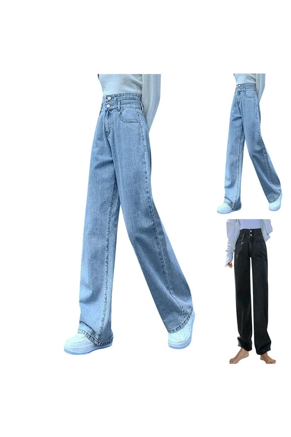 Straight Leg Jeans for Women,High Waisted Wide Leg Loose Denim Pants Blue,L