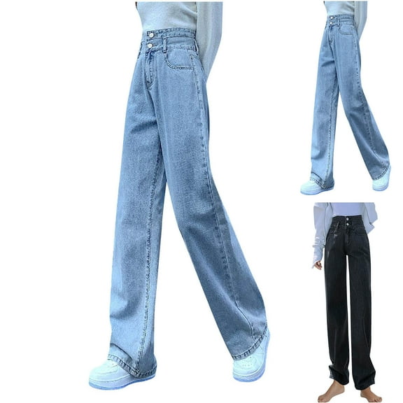 Htigea Clearance Straight Leg Jeans for Women,High Waisted Wide Leg Loose Denim Pants Blue,L