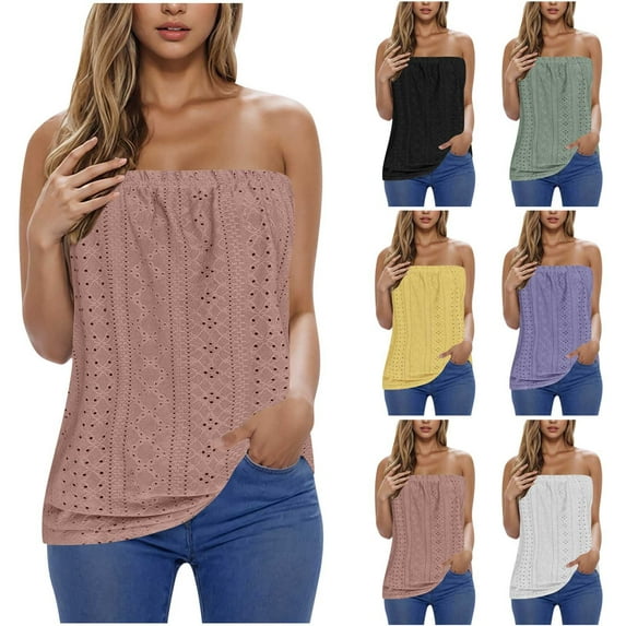 Htigea Strapless Bandeau Tank Top for Women Summer Solid Color Tube Tops Casual Off Shoulder Holiday Blouse Top Sale Green,L