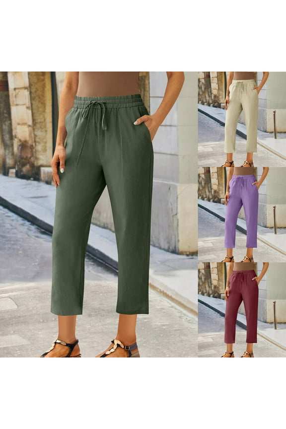 Htigea Summer Capri Pants for Women Casual Cotton Linen Pants Straight Leg Vacation Beach Crop Pant with Pockets Khaki L